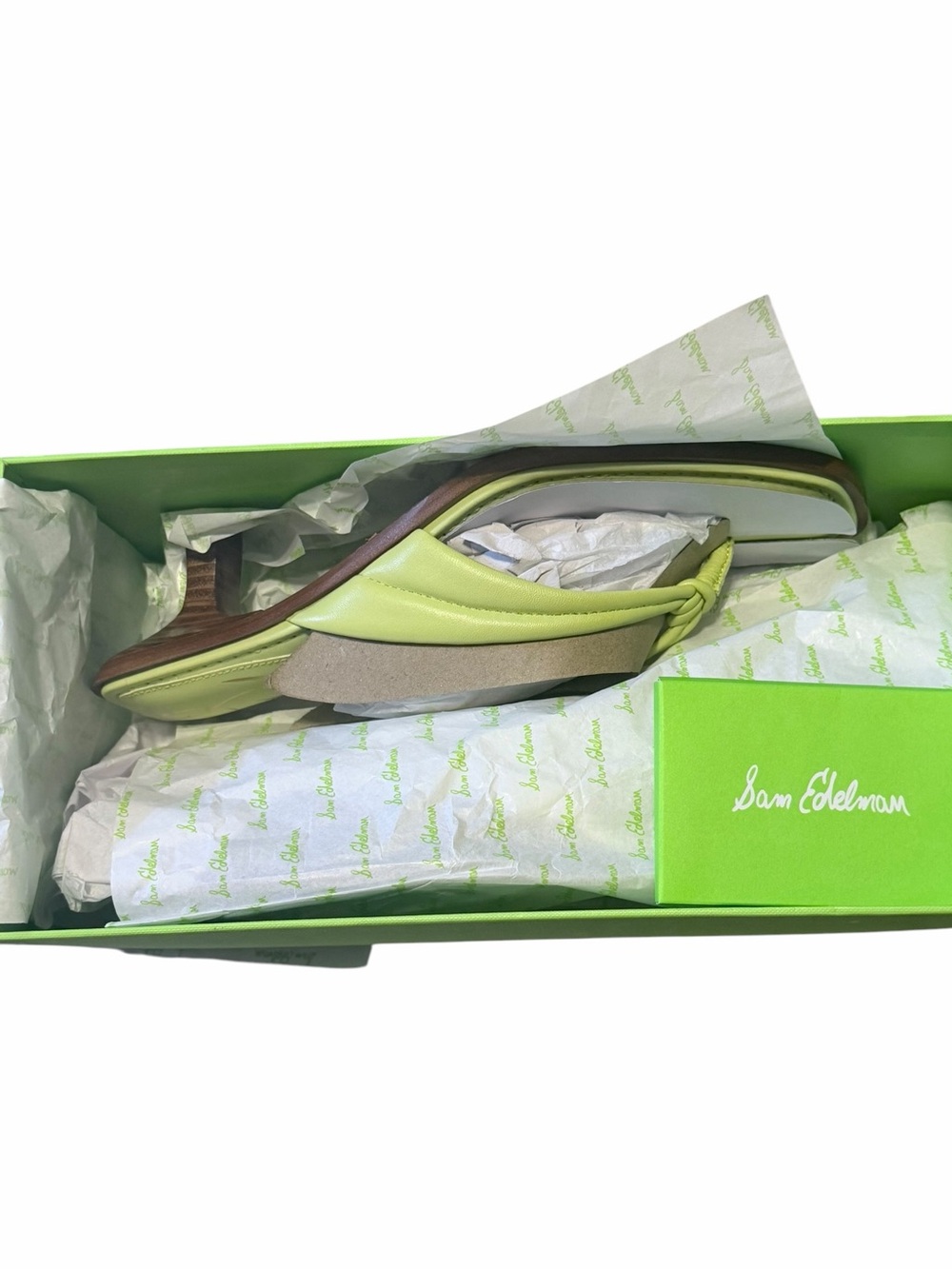 🌟🌼 NIB SAM EDELMAN DAPHNEY KIWI LEATHER Lime Green Thong Kitten Heel Sandals - Picture 2 of 9